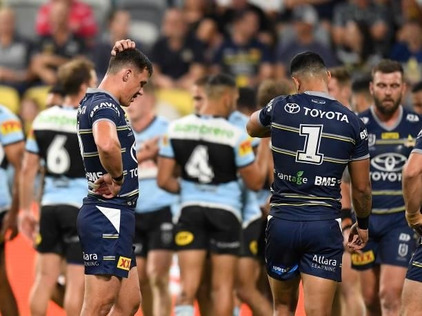 Scott Drinkwater of the Cowboys reacts after a Sharks try during the round 15 NRL match between the North Queensland Cowboys and the Cronulla Sharks...