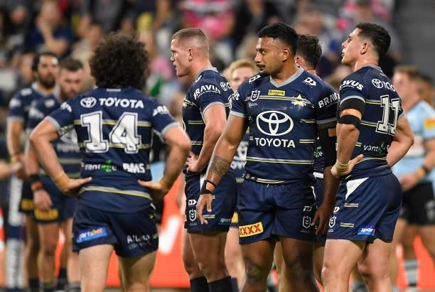 The Cowboys stand in the in-goal area after a Sharks try during the round 15 NRL match between the North Queensland Cowboys and the Cronulla Sharks...