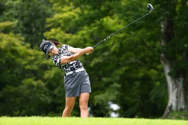 Yui Kawamoto of Japan hits her tee shot on the 12th hole during the first round of Nichirei Ladies at Sodegaura Country Club Shinsode Course on June...