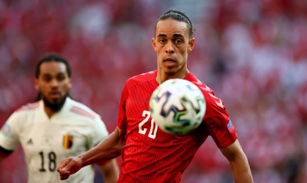 Yussuf Poulsen of Denmark controls the ball during the UEFA Euro 2020 Championship Group B match between Denmark and Belgium on June 17, 2021 in...