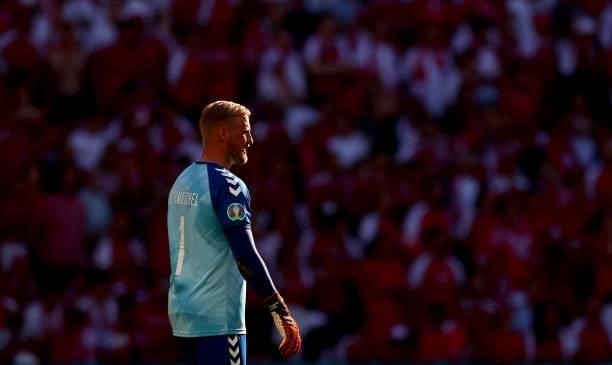 Kasper Schmeichel of Denmark looks on during the UEFA Euro 2020 Championship Group B match between Denmark and Belgium on June 17, 2021 in...