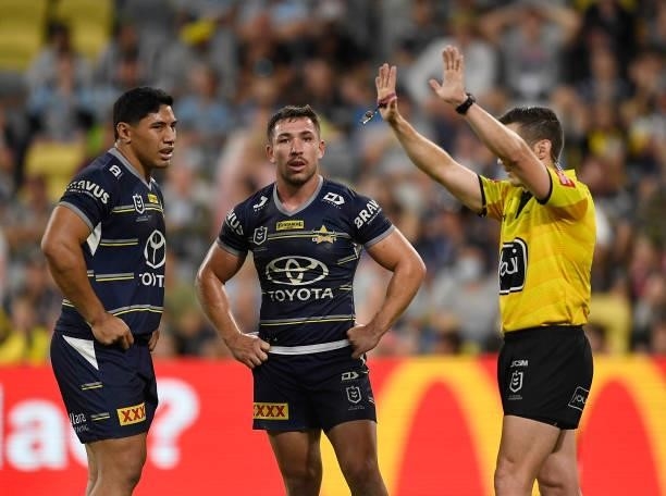 Reece Robson of the Cowboys is sent to the Sin Bin during the round 15 NRL match between the North Queensland Cowboys and the Cronulla Sharks at QCB...