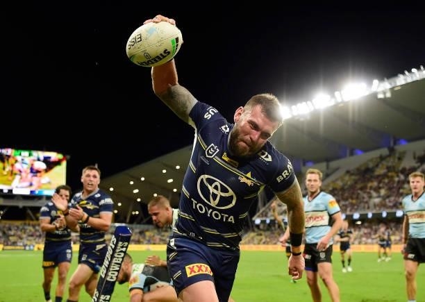 Kyle Feldt of the Cowboys celebrates after scoring a try during the round 15 NRL match between the North Queensland Cowboys and the Cronulla Sharks...