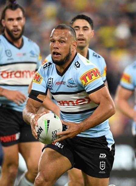 Will Chambers of the Sharks runs the ball during the round 15 NRL match between the North Queensland Cowboys and the Cronulla Sharks at QCB Stadium,...