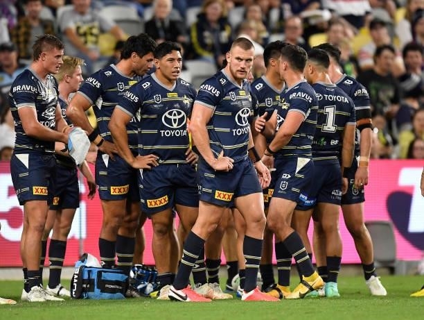 The Cowboys stand in the in-goal area after a Sharks try during the round 15 NRL match between the North Queensland Cowboys and the Cronulla Sharks...