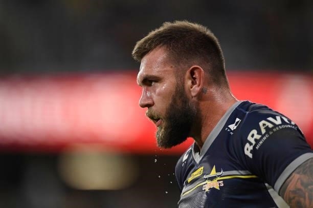 Kyle Feldt of the Cowboys looks on during the round 15 NRL match between the North Queensland Cowboys and the Cronulla Sharks at QCB Stadium, on June...