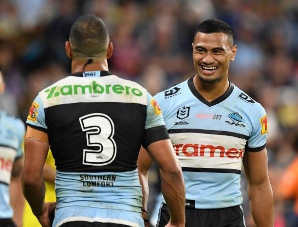 Ronaldo Mulitalo of the Sharks smiles after a Will Chambers try during the round 15 NRL match between the North Queensland Cowboys and the Cronulla...