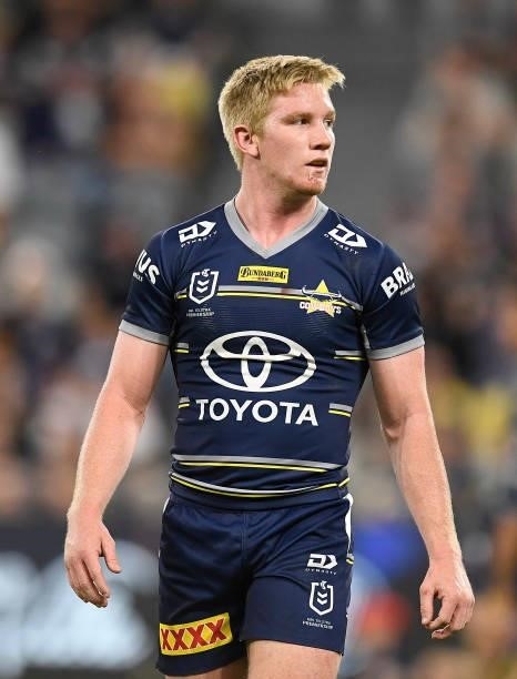 Tom Dearden of the Cowboys looks on during the round 15 NRL match between the North Queensland Cowboys and the Cronulla Sharks at QCB Stadium, on...