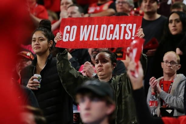 Wildcats fan holds up a placard during game one of the NBL Grand Final Series between the Perth Wildcats and Melbourne United at RAC Arena, on June...