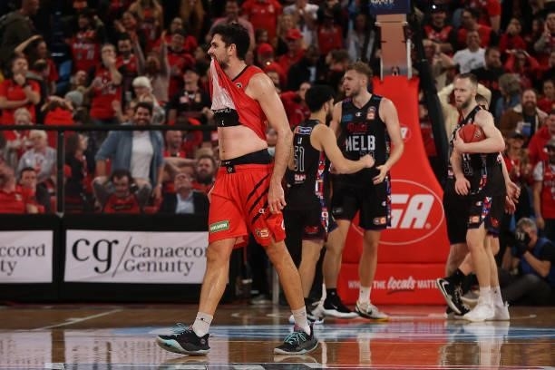 Todd Blanchfield of the Wildcats reacts after being defeated during game one of the NBL Grand Final Series between the Perth Wildcats and Melbourne...