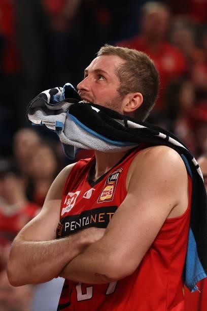 Jesse Wagstaff of the Wildcats looks on from the bench during game one of the NBL Grand Final Series between the Perth Wildcats and Melbourne United...