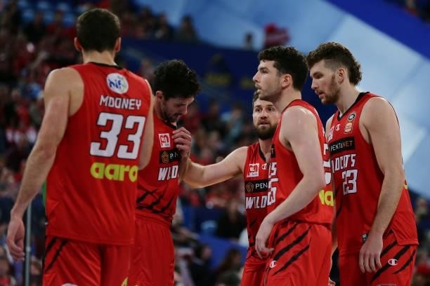 Mitchell Norton of the Wildcats addresses the team during game one of the NBL Grand Final Series between the Perth Wildcats and Melbourne United at...