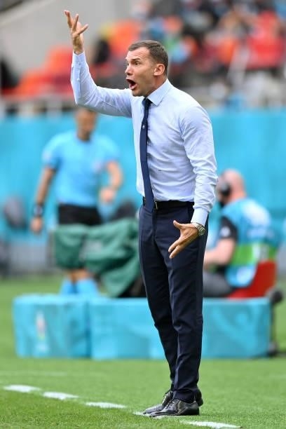 Andriy Shevchenko, Head Coach of Ukraine reacts during the UEFA Euro 2020 Championship Group C match between Ukraine and North Macedonia at National...