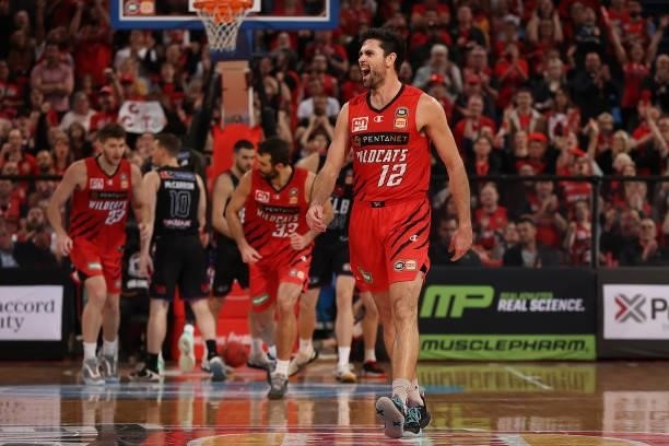 Todd Blanchfield of the Wildcats celebrates a basket during game one of the NBL Grand Final Series between the Perth Wildcats and Melbourne United at...
