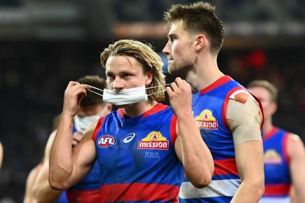 Cody Weightman of the Bulldogs looks dejected after losing the round 13 AFL match between the Geelong Cats and the Western Bulldogs at GMHBA Stadium...