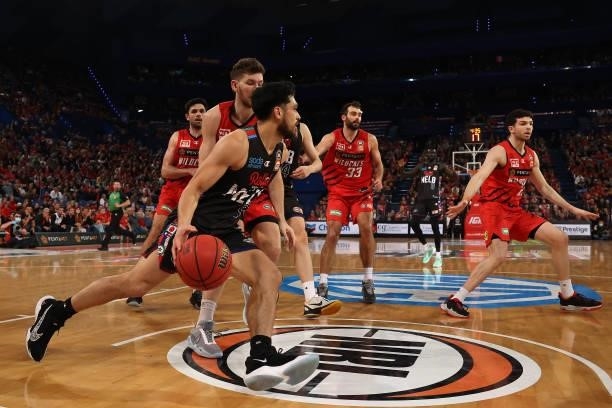 Shea Ili of Melbourne United drives thru the key during game one of the NBL Grand Final Series between the Perth Wildcats and Melbourne United at RAC...