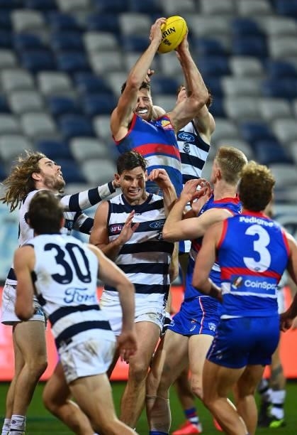 Marcus Bontempelli of the Bulldogs marks during the round 13 AFL match between the Geelong Cats and the Western Bulldogs at GMHBA Stadium on June 18,...