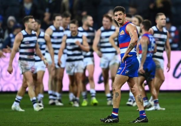 Tom Liberatore of the Bulldogs looks dejected after losing the round 13 AFL match between the Geelong Cats and the Western Bulldogs at GMHBA Stadium...