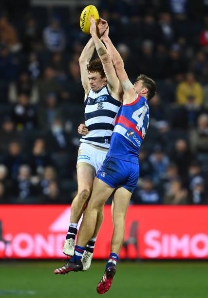 Gary Rohan of the Cats marks infront of Ryan Gardner of the Bulldogs during the round 13 AFL match between the Geelong Cats and the Western Bulldogs...