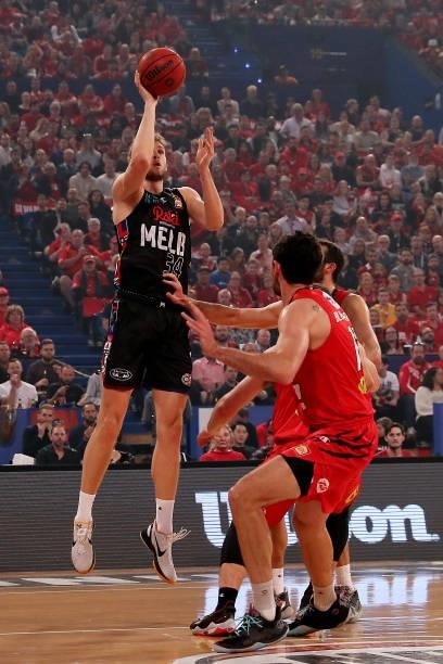 Jock Landale of Melbourne United shoots during game one of the NBL Grand Final Series between the Perth Wildcats and Melbourne United at RAC Arena,...