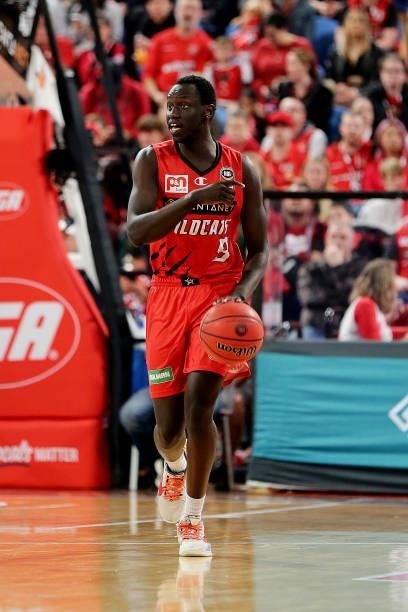 Wani Swaka Lo Buluk of the Wildcats brings the ball up the court during game one of the NBL Grand Final Series between the Perth Wildcats and...