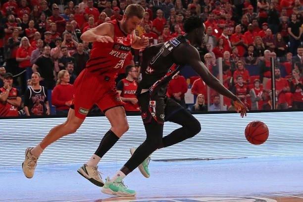 Jo Lual-Acuil of Melbourne United brings the ball up the court during game one of the NBL Grand Final Series between the Perth Wildcats and Melbourne...