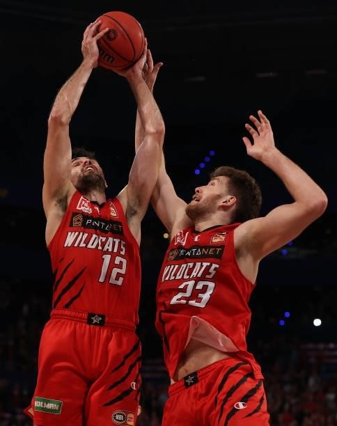 Todd Blanchfield and Will Magnay of the Wildcats contest for a rebound during game one of the NBL Grand Final Series between the Perth Wildcats and...