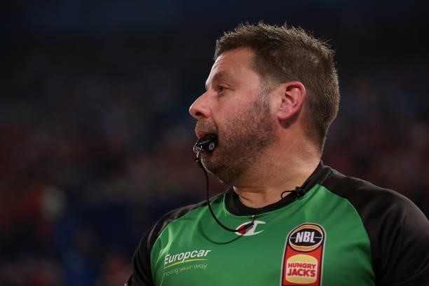 Referee Michael Aylen in action during game one of the NBL Grand Final Series between the Perth Wildcats and Melbourne United at RAC Arena, on June...
