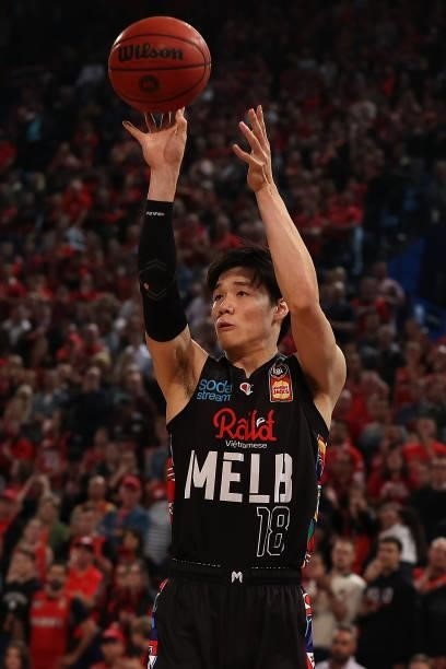 Yudai Baba of Melbourne United puts a shot up during game one of the NBL Grand Final Series between the Perth Wildcats and Melbourne United at RAC...