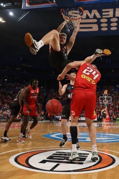Jock Landale of Melbourne United dunks during game one of the NBL Grand Final Series between the Perth Wildcats and Melbourne United at RAC Arena, on...