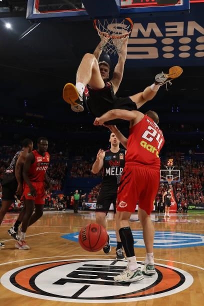 Jock Landale of Melbourne United dunks during game one of the NBL Grand Final Series between the Perth Wildcats and Melbourne United at RAC Arena, on...