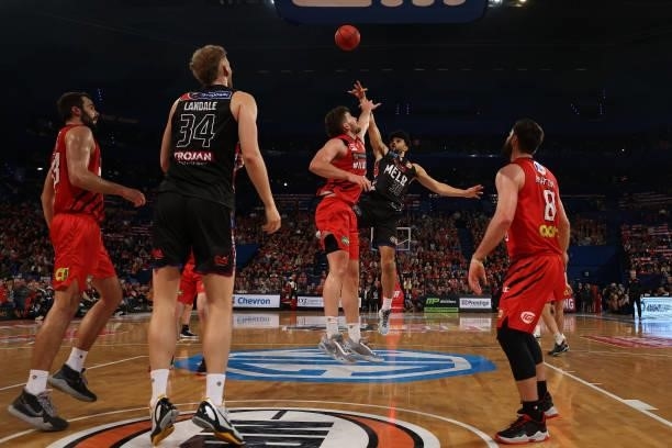 Sam McDaniel of Melbourne United puts a shot up during game one of the NBL Grand Final Series between the Perth Wildcats and Melbourne United at RAC...