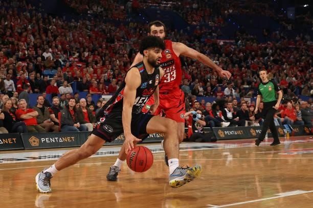 Sam McDaniel of Melbourne United drives thru the key during game one of the NBL Grand Final Series between the Perth Wildcats and Melbourne United at...