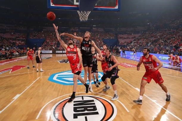 Kevin White of the Wildcats goes to the basket against Jock Landale of Melbourne United during game one of the NBL Grand Final Series between the...