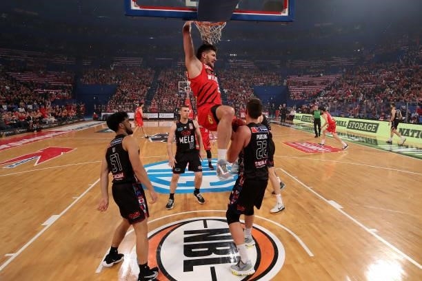 Will Magnay of the Wildcats dunks during game one of the NBL Grand Final Series between the Perth Wildcats and Melbourne United at RAC Arena, on June...