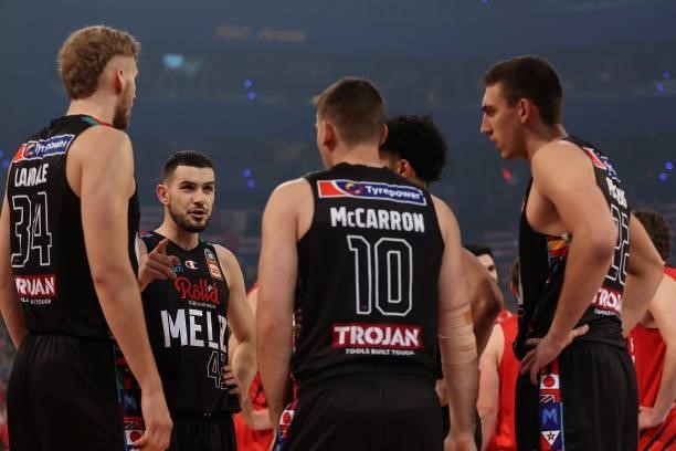 Chris Goulding of Melbourne United addresses the team during game one of the NBL Grand Final Series between the Perth Wildcats and Melbourne United...