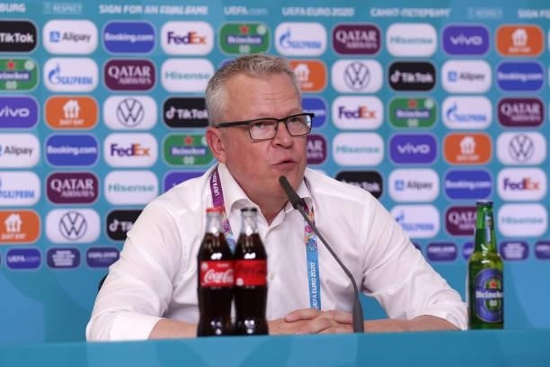 In this picture provide by UEFA, Jan Andersson, Head Coach of Sweden speaks to the media during the Sweden Press Conference after the UEFA Euro 2020...