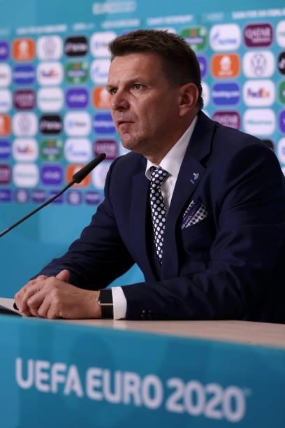 In this picture provide by UEFA, Stefan Tarkovic, Head Coach of Slovakia speaks to the media during the Slovakia Press Conference after the UEFA Euro...