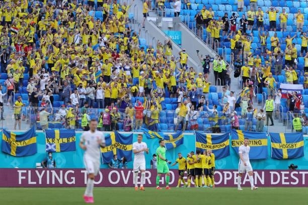 Sweden fans celebrate their side's first goal scored by Emil Forsberg from the penalty spot during the UEFA Euro 2020 Championship Group E match...