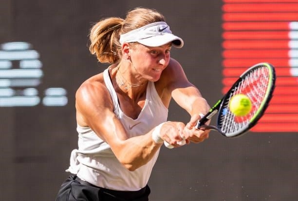 Liudmila Samsonova of Russia hits a backhand against Madison Keys of the United States in the women's singles quarter final match during day 7 of the...
