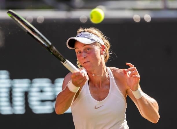 Liudmila Samsonova of Russia hits a forehand against Madison Keys of the United States in the women's singles quarter final match during day 7 of the...