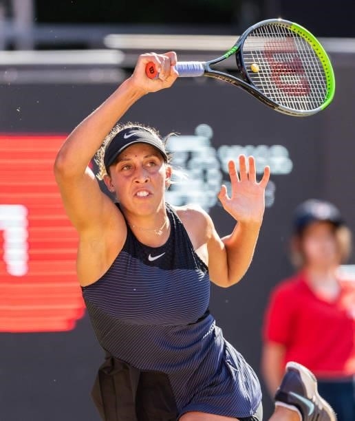 Madison Keys of the United States in action against Liudmila Samsonova of Russia in the women's singles quarter final match during day 7 of the...