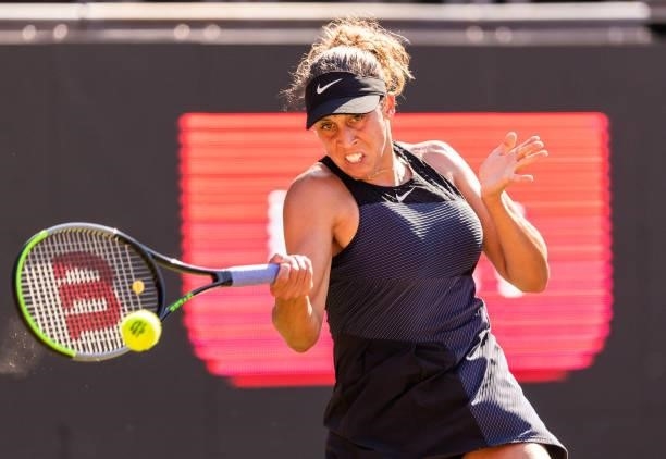 Madison Keys of the United States hits a forehand against Liudmila Samsonova of Russia in the women's singles quarter final match during day 7 of the...