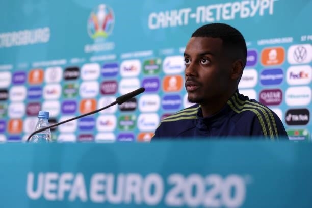 In this picture provide by UEFA, Alexander Isak of Sweden speaks to the media during the Sweden Press Conference after the UEFA Euro 2020...