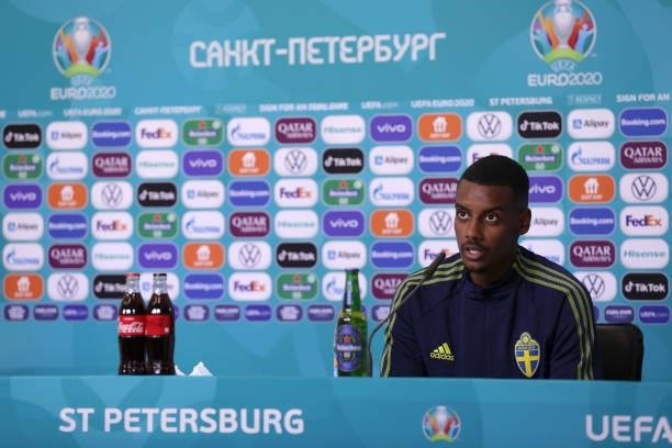 In this picture provide by UEFA, Alexander Isak of Sweden speaks to the media during the Sweden Press Conference after the UEFA Euro 2020...