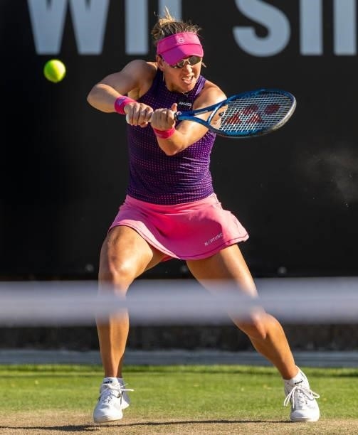 Nicole Melichar of United States hits a backhand while playing with her partner Demi Schuurs of Netherlands against Veronika Kudermetova of Russia...