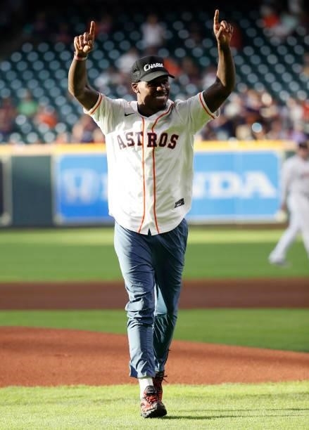 Middleweight World Champion Jermall Charlo throws out the first pitch as the Chicago White Sox played the Houston Astros at Minute Maid Park on June...