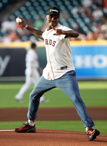 Middleweight World Champion Jermall Charlo throws out the first pitch as the Chicago White Sox played the Houston Astros at Minute Maid Park on June...