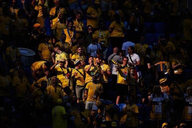 Fans of Sweden react during the UEFA Euro 2020 Championship Group E match between Sweden and Slovakia at Saint Petersburg Stadium on June 18, 2021 in...