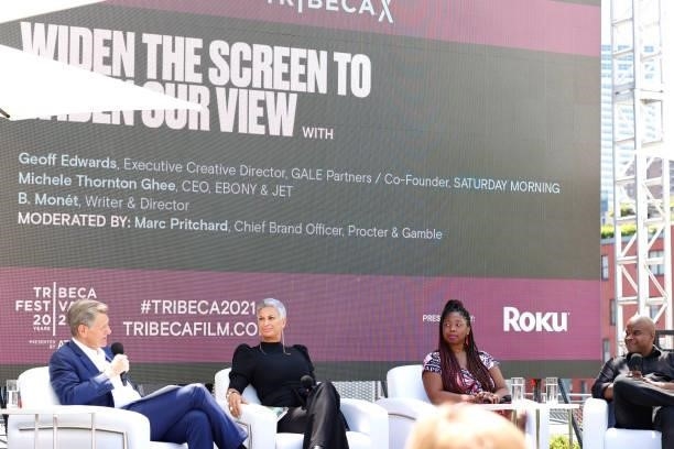 Chief Brand Officer of Procter & Gamble, Marc S. Pritchard, CEO of Ebony & Jet, Michele Thornton Ghee and writer/director B. Monét speak onstage...